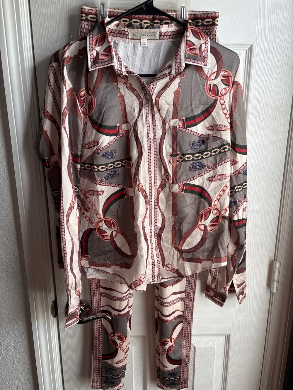 Silk-Feel Button-Down Shirt Legging Set in Taupe and Rose Pattern